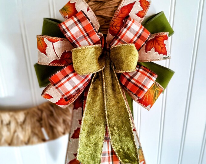 10x16 Fall bow with Olive Velvet, Orange, Pumpkin and Orange/Brown Plaid great for Wreath Bow, Door Hanger Bow, Lantern Bow, Gift for Home