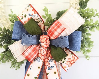 Charming Denim Rustic Floral Wreath and Bow  - Free Shipping! Great Country Casual Farmhouse Boho Summer Vibes