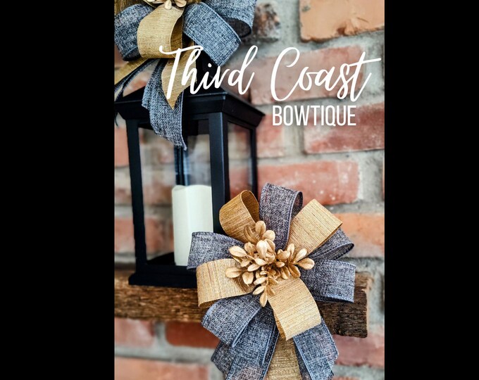 Christmas Holiday Bow Gray and Antique Gold Bow for Lanterns, Small Wreath, Garland, Mantle, Tree