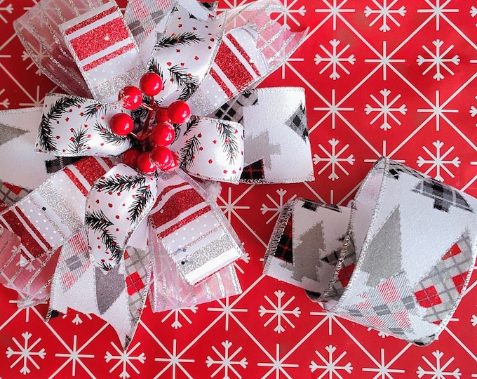 8x8 Modern Christmas Bow in Red, Black, and White,  Holiday Swag, Wreath Bow, Lantern Bow, Ready to Ship!