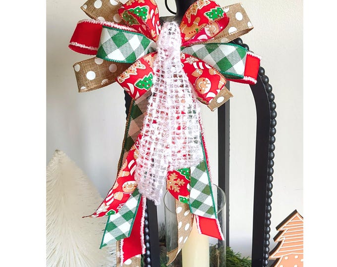 9x16 Gingerbread Print Bow - Multi-Ribbon Choose-your-Length Christmas Bow with FREE SHIPPING! Candy Christmas Whimsical
