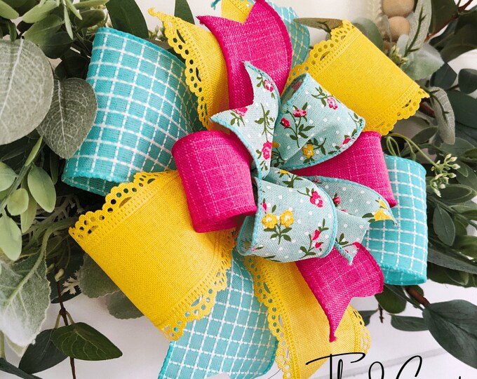 Spring/Summer Wreath Bow / Lantern Bow in Pink, Yellow, and Turquoise