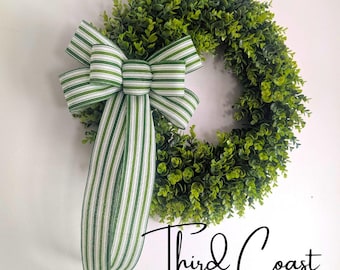 Linen Stripe Wreath: Green & White Bow, Patty's Day Decor (11x20in)