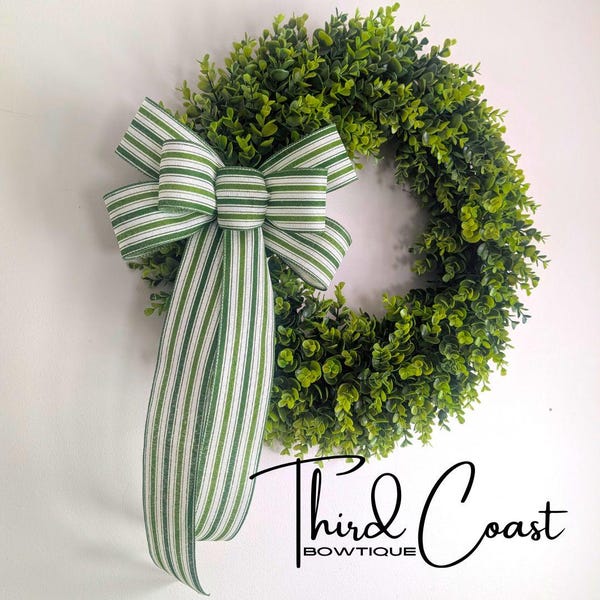 Linen Stripe Green and White Wreath Bow, Patty's Day Decor (11x20in)