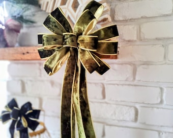 Deluxe Olive Green and Gold Velvet Wired Ribbon Christmas Decoration Bow compliments Art Deco, Modern Minimalist, Elegant Lantern Wreath Bow