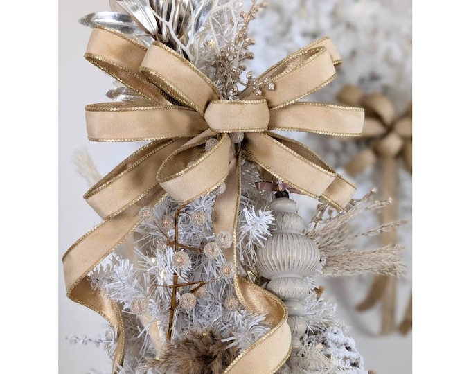 3 Sizes Beige/Tan Velvet Christmas Bows: Wired Gold Edge, Tree Topper, Wreath/Lantern, and Accent Bows for Mantle/Garland, Picks