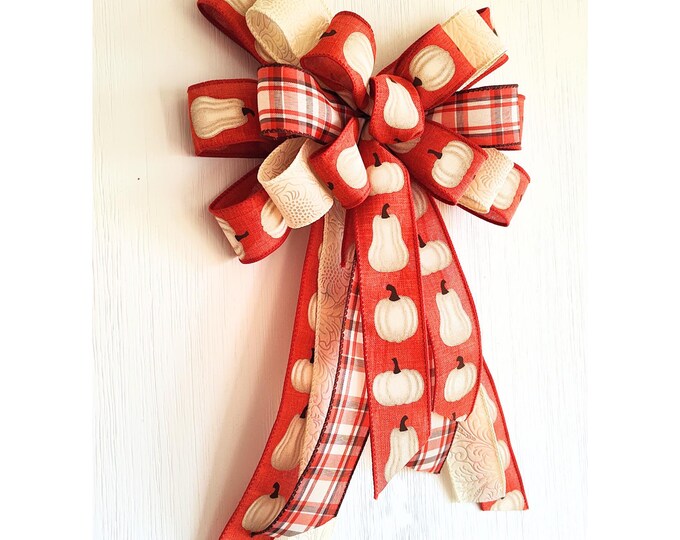 Multi-Ribbon Modern Large Pumpkin Bow Thanksgiving/Fall Decor Wreath Bow Lantern Bow Wired Ribbon FREE SHIPPING