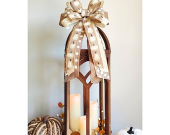 9x16in Large Fall Pumpkin Bow in Neutral / Natural Tan Beige White Cream Colors Wired Ribbon Wreath Bow FREE SHIPPING