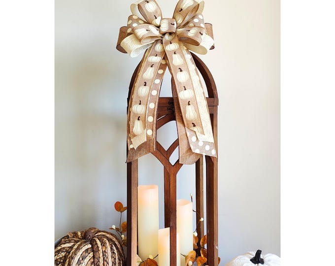 9x16in Large Fall Pumpkin Bow in Neutral / Natural Tan Beige White Cream Colors Wired Ribbon Wreath Bow FREE SHIPPING
