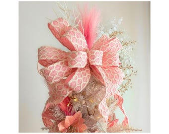 2 Sizes Pink White Lattice Overlay Wreath Tree Topper Lantern Bow, Pastel Pink Cottage Christmas