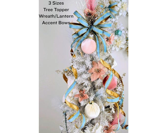 3 Sizes -Light Blue Velvet Christmas Tree Topper Bow, Wreath, and Accent Bows