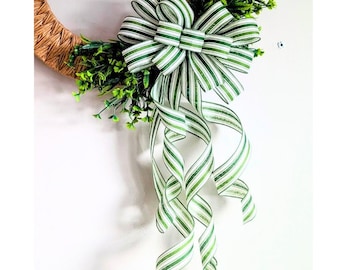 St. Patty's Day 10x20in 1.5in Ribbon Linen Ticking Stripe Green Kelly Emerald and White Wreathy Bow, Free Shipping