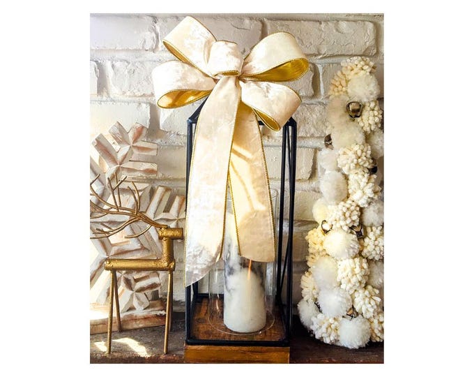 DeLUXE Large 9x16-40in Ivory Velvet with Gold Lining Christmas / Holiday Bow with Gold Lining, Wired Edges, Free Shipping!