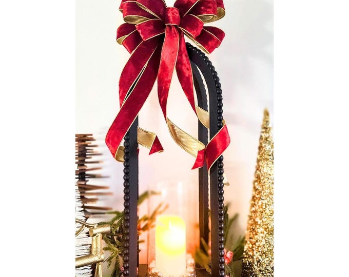 Red Velvet Bow, 10-Inch Ruby Christmas Tree Topper with Wired Ribbon