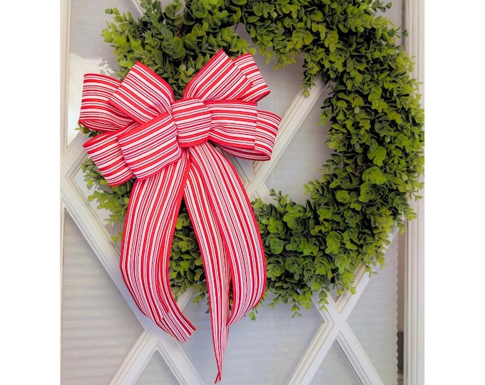Red and White Striped Christmas Tree Topper and Wreath Bows: 2 Sizes