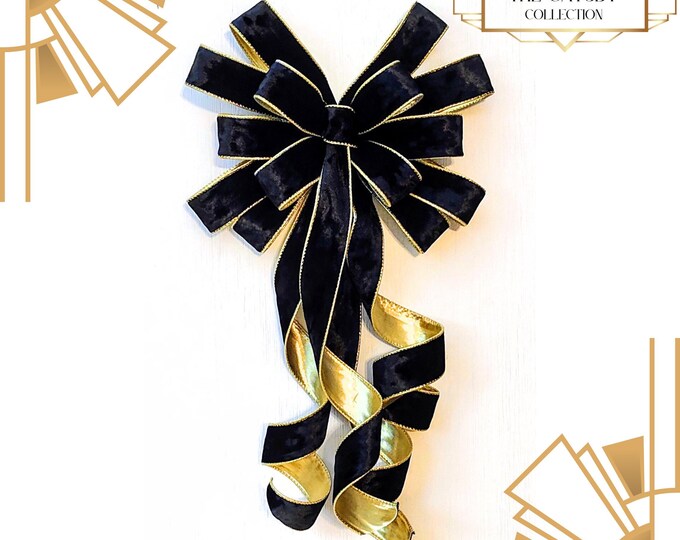 Art Deco Black Velvet Wreath Bow: Gold Lined Holiday Decor