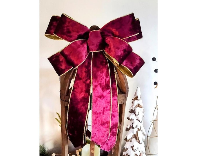 Burgundy Velvet Bow, Jumbo Christmas Decor with Gold Lined Wired Ribbon