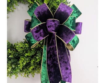 12x16-28in Large Mardi Gras Decor Purple, Green, and Gold Velvet Bow for Wreath, Door Hanger Bow Glitter-Free