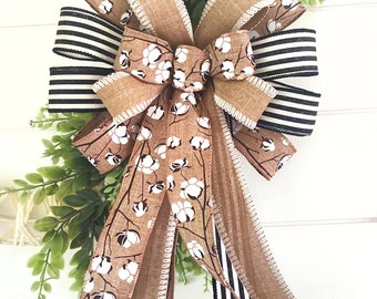2 Sizes Black/White and Tan Cotton Print Wired Ribbon Wreath Bow, Lantern Bow great for gifting too! FREE Shipping!
