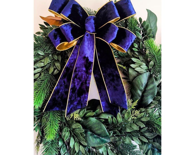 Tree Topper Bow in Navy Velvet, Gold Edge Wired Ribbon, Long Tails