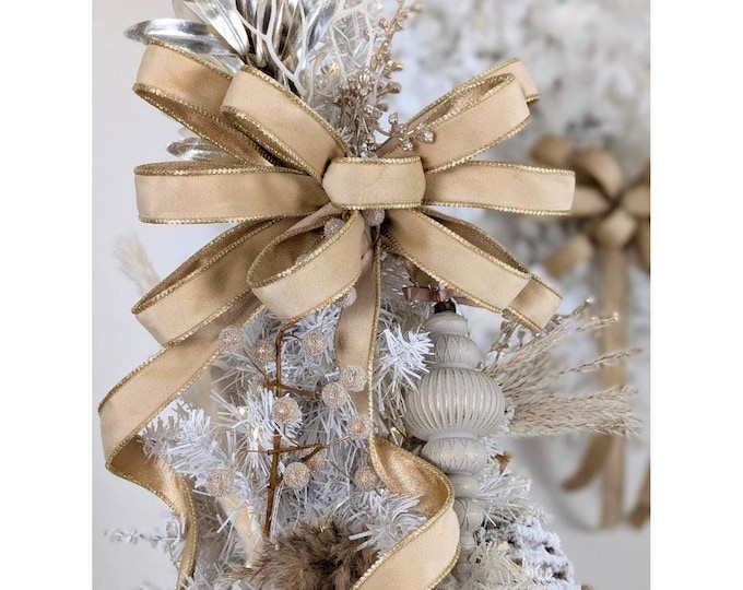 Tan Velvet Christmas Bow: Gold Wired Edge Tree Topper