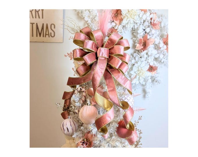 Pink Velvet Bow Wreath Lantern Tree Topper Christmas Pastels: Rose Pink with Gold Lining