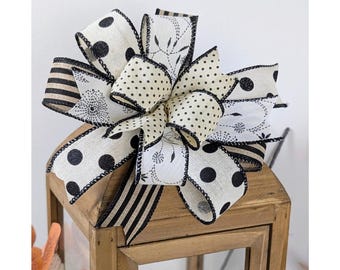 8x8in Striped Multi Print Black and White Linen Wired Ribbon Wreath Lantern Bow