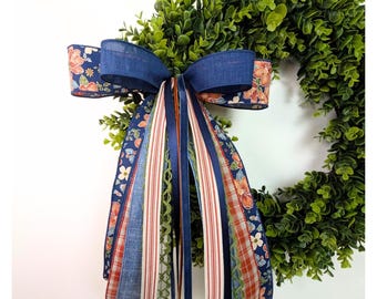 Thanksgiving Bow Fall Ribbon Bundle in Navy, Pumpkin Orange, and White for Medium to Large Wreaths
