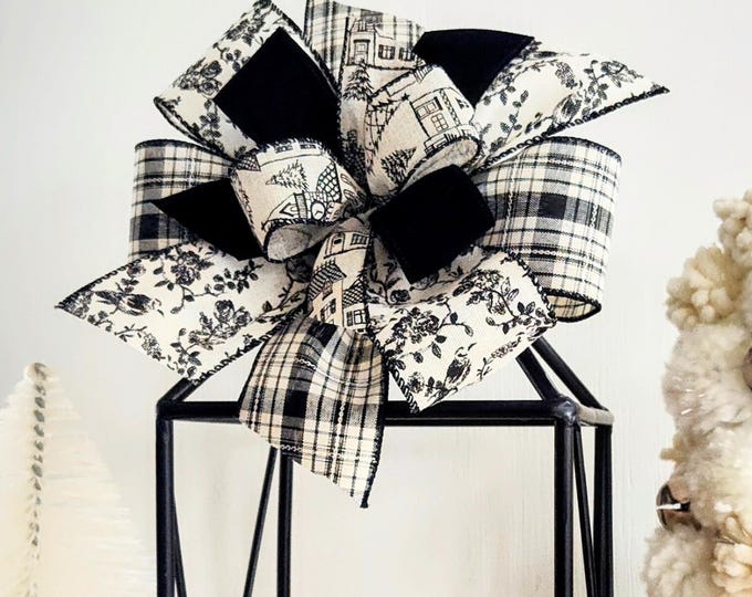Chinoiserie / Toile Inspired Black and White Christmas Decor Bow 8x8in Wreath Bow, Mantle Bow, Lantern Bow- Free Shipping.