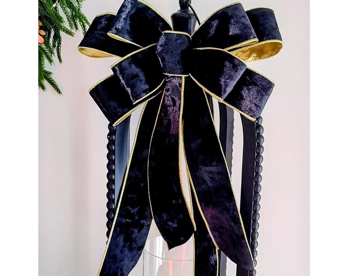 Extra Large Black Velvet Christmas Bow: Gold Lined Holiday Decor