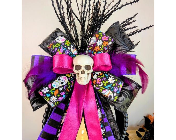 Halloween Skull Wreath Bow: Pink, Purple, & Black Ribbon (10x20in)