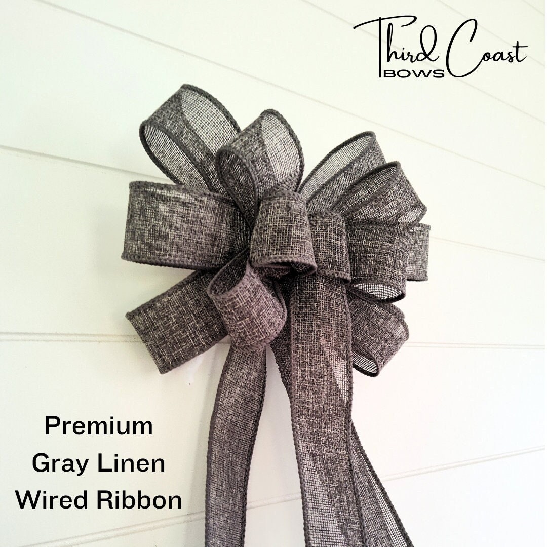 Gray Linen Wired Ribbon Bow: Handmade Wreath or Lantern Decor (9x18in ...