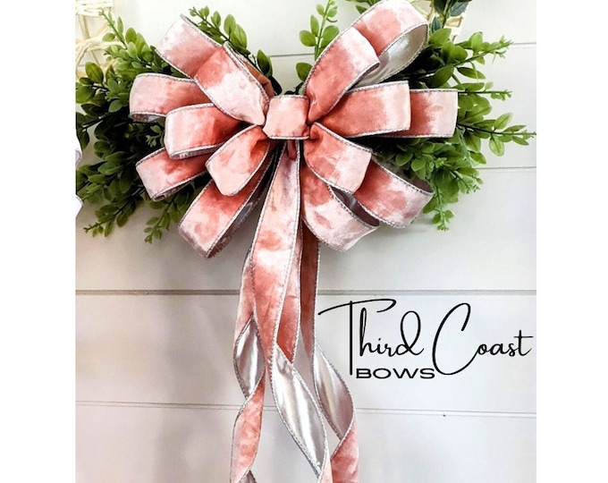 Large Pink Velvet Bow: Silver Lined Wired Ribbon, Christmas Decor