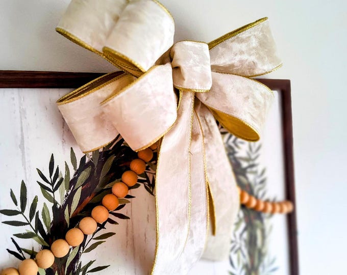 Christmas Bow Topper, 12-Inch Ivory Gold Velvet Ribbon Bow with Long Tails