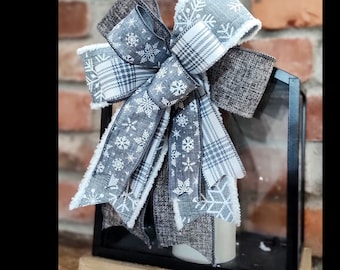 3 Sizes- Gray and White Bow for Lantern Bow, Modern Christmas Gift Bow, Wreath Bow, Topper, Ready to Ship!