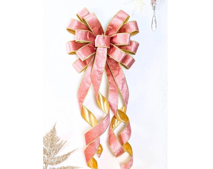 Pink Velvet Bow Wreath Lantern Tree Topper Christmas Pastels: Rose Pink with Gold Lining