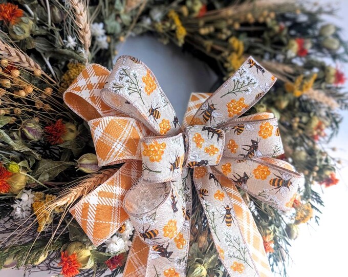 Spring/Summer Bees and Honey Natural/Floral Wreath Bow, Door hanger Bow, Lantern Bow with Free Shipping