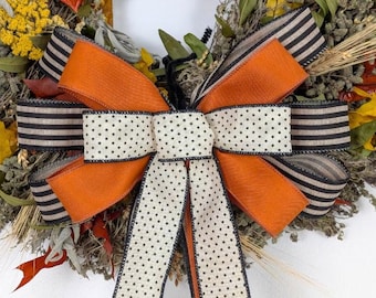 Halloween Fall Wreath Bow, Orange, Tan & Black Ribbon