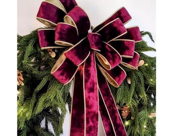 Burgundy Velvet Bow, Gold-Edged Wired Ribbon Christmas Wreath Decor