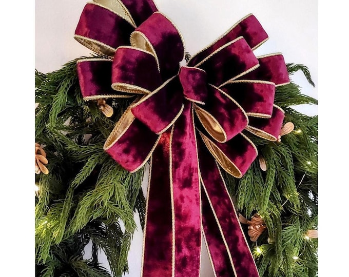 Burgundy Velvet Bow, Gold-Edged Wired Ribbon Christmas Wreath Decor