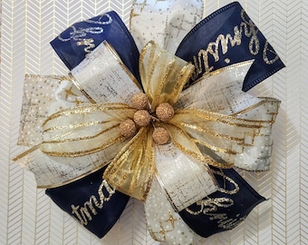 Handmade Christmas Bow: Navy, Gold Holly Berry Wreath Bow