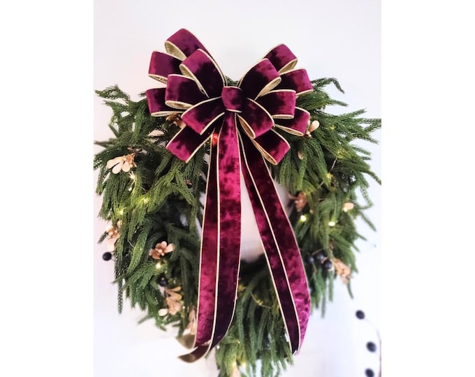 Deluxe Chic Large 10in Wide, 18-40in Long Burgundy / Wine Velvet and Gold Wired Ribbon Christmas Decoration Bow. Free Shipping