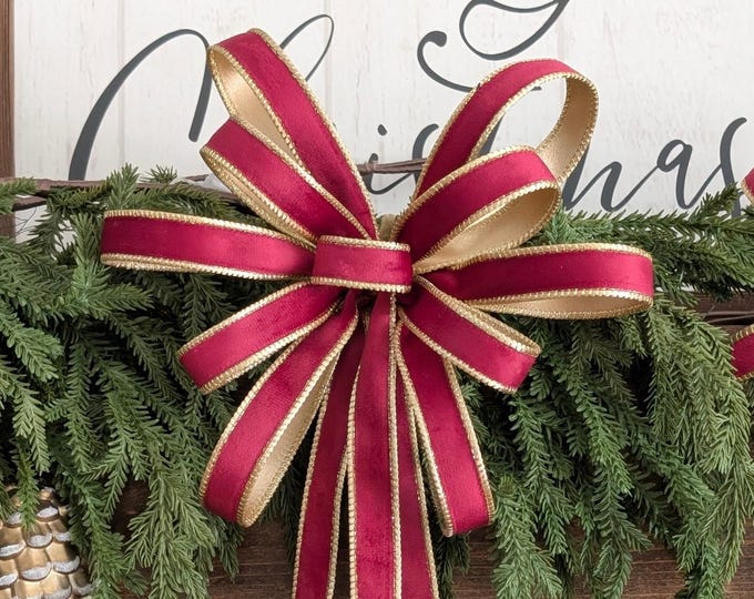 Berry Red Velvet Christmas Bow: Gold Wired Edge, Tree Topper