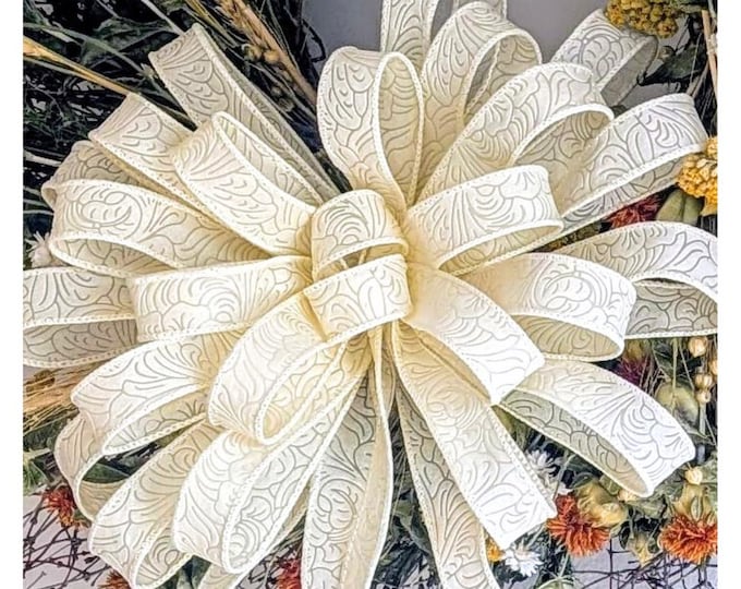 12in Wide 36in Length Ivory/Cream Floral Wired Ribbon Wreath Bow, Lantern Bow, Wedding / Reception Decor. Romantic Spring/Summer Wedding