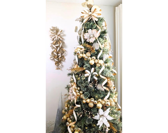 4 Sizes Ivory+Gold Velvet Christmas Tree Topper Bows, Wreath Bow,  and Accent Holiday Decorations