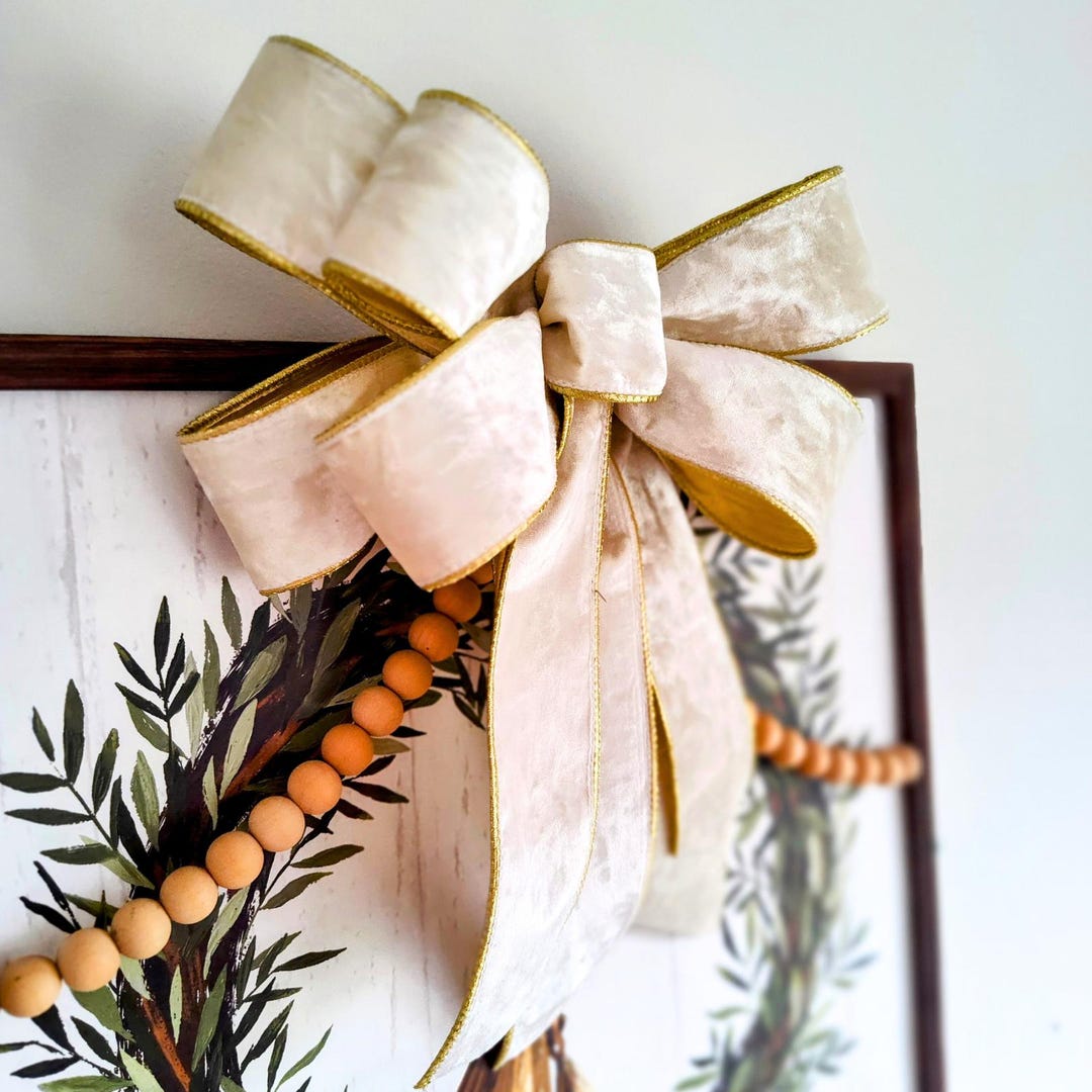12in Wide Ivory Gold Velvet Christmas Tree Topper Bow, Wreath Bow ...