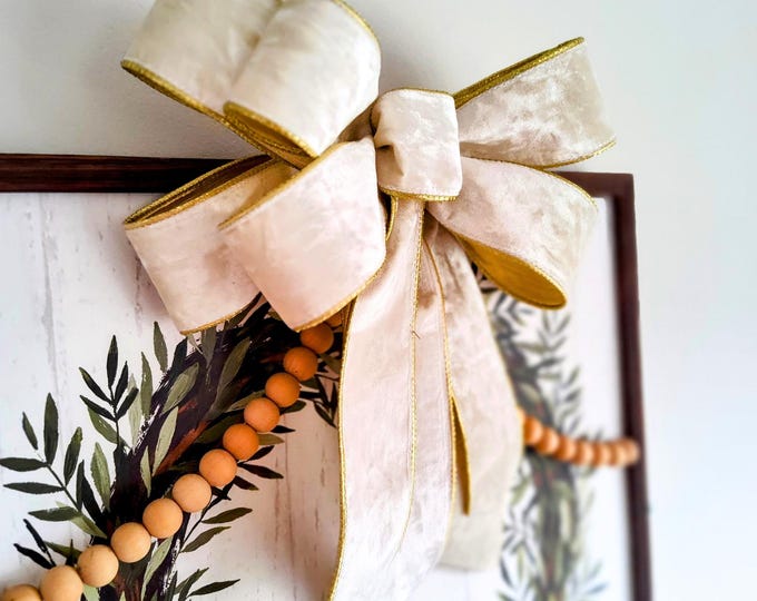 DeLUXE XL 12x16-46in Ivory Velvet Christmas / Holiday Bow with Gold Lining, Wired Edges, and Free Shipping!