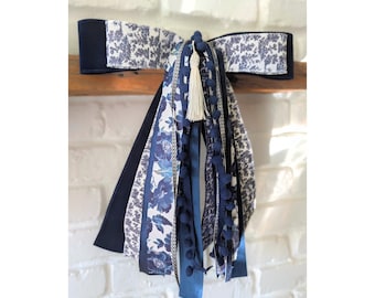 Blue Velvet  and Chinoiserie Toile Print Ribbon Bundle Bow for Medium to Large Wreaths
