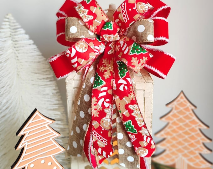 Gingerbread Print Bow - Multi-Ribbon Choose-your-Length Christmas Bow with FREE SHIPPING! Candy Christmas Whimsical
