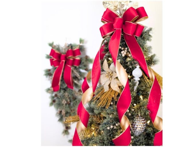 Red Velvet Bow Tree Topper, 12-Inch Wired Ribbon in 3 Lengths
